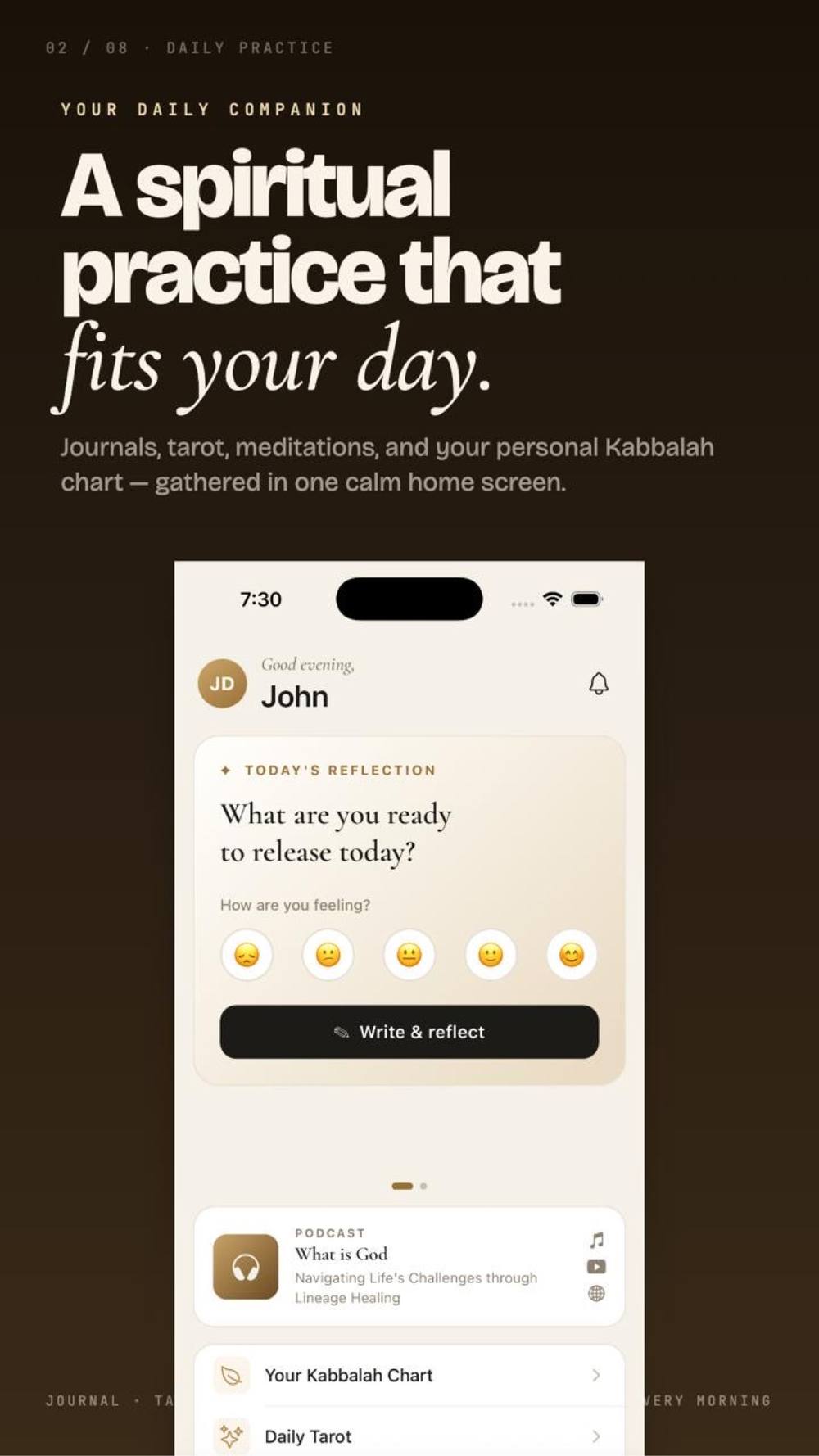 The Kabbalah Codes app home screen: today's reflection, mood check, and journal prompt