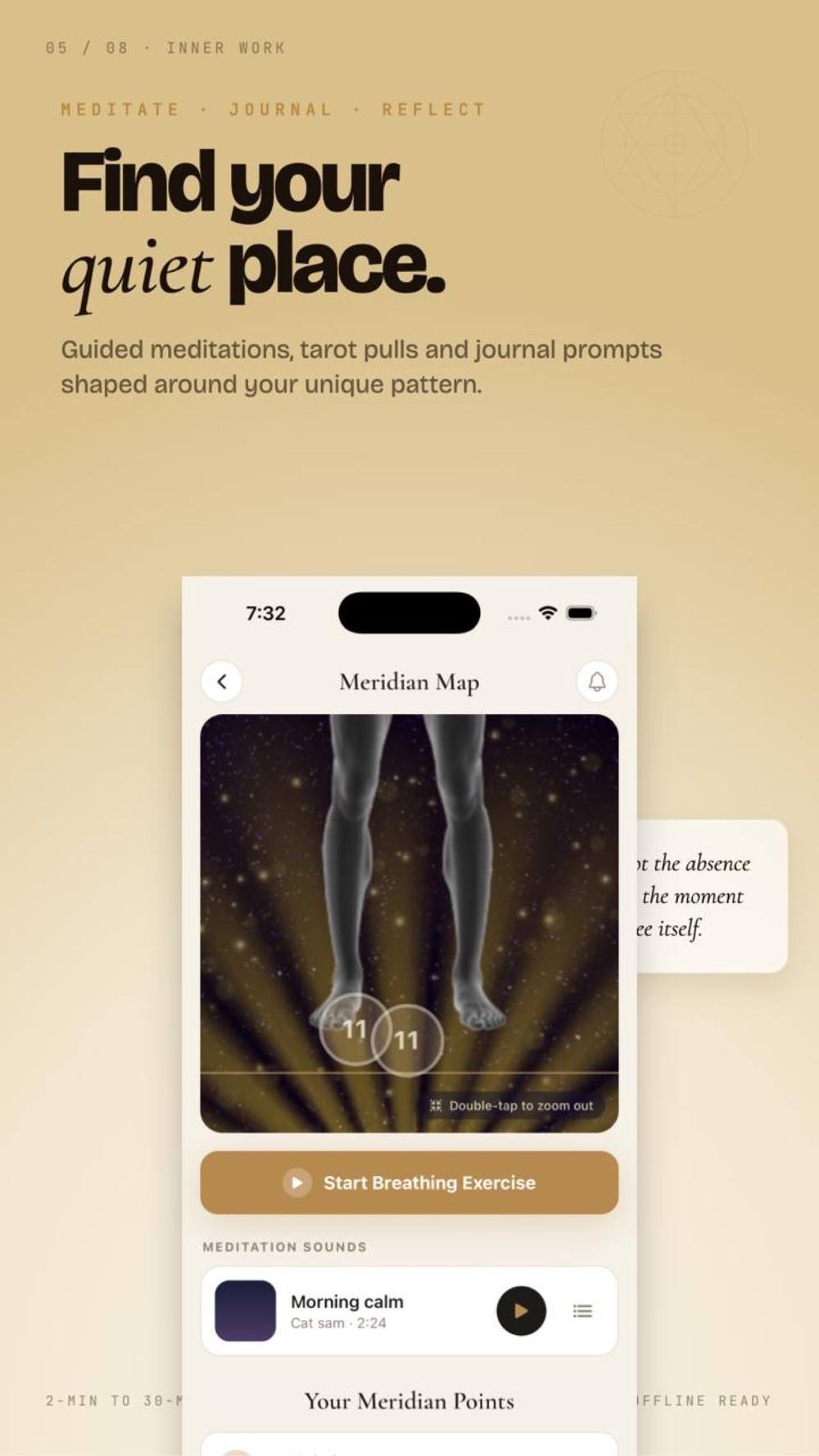 Inner Work screen with guided meditations and journal prompts shaped around your pattern