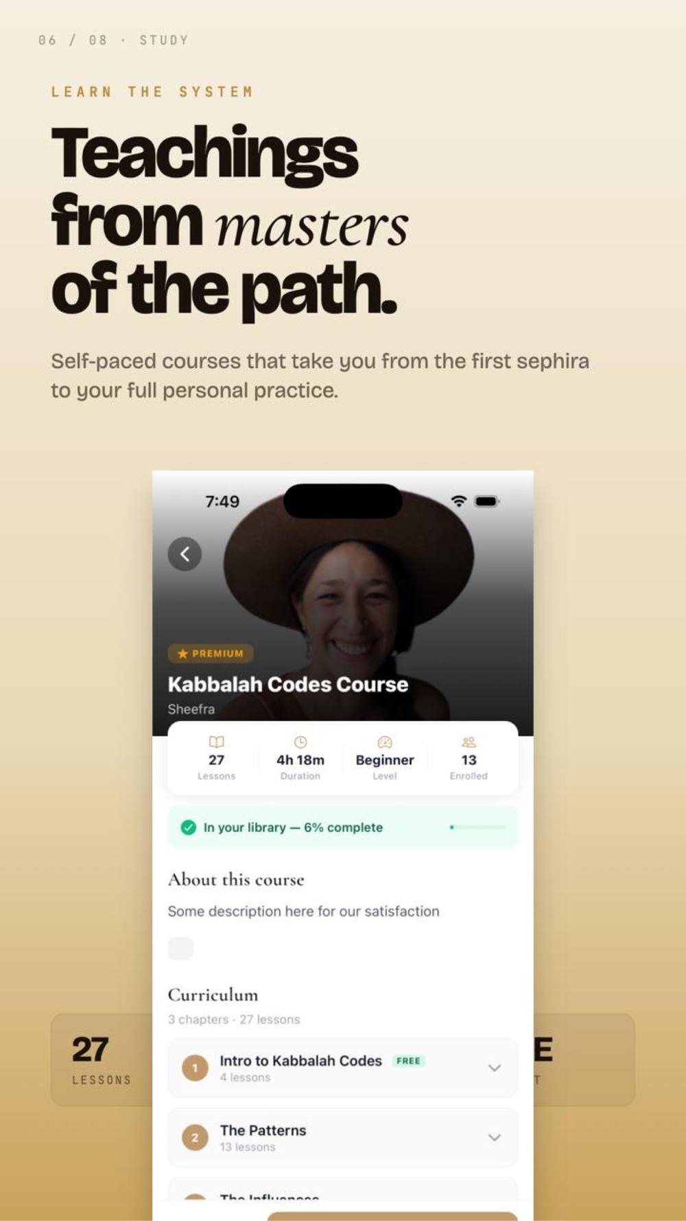 Study screen with the Kabbalah Codes course and curriculum