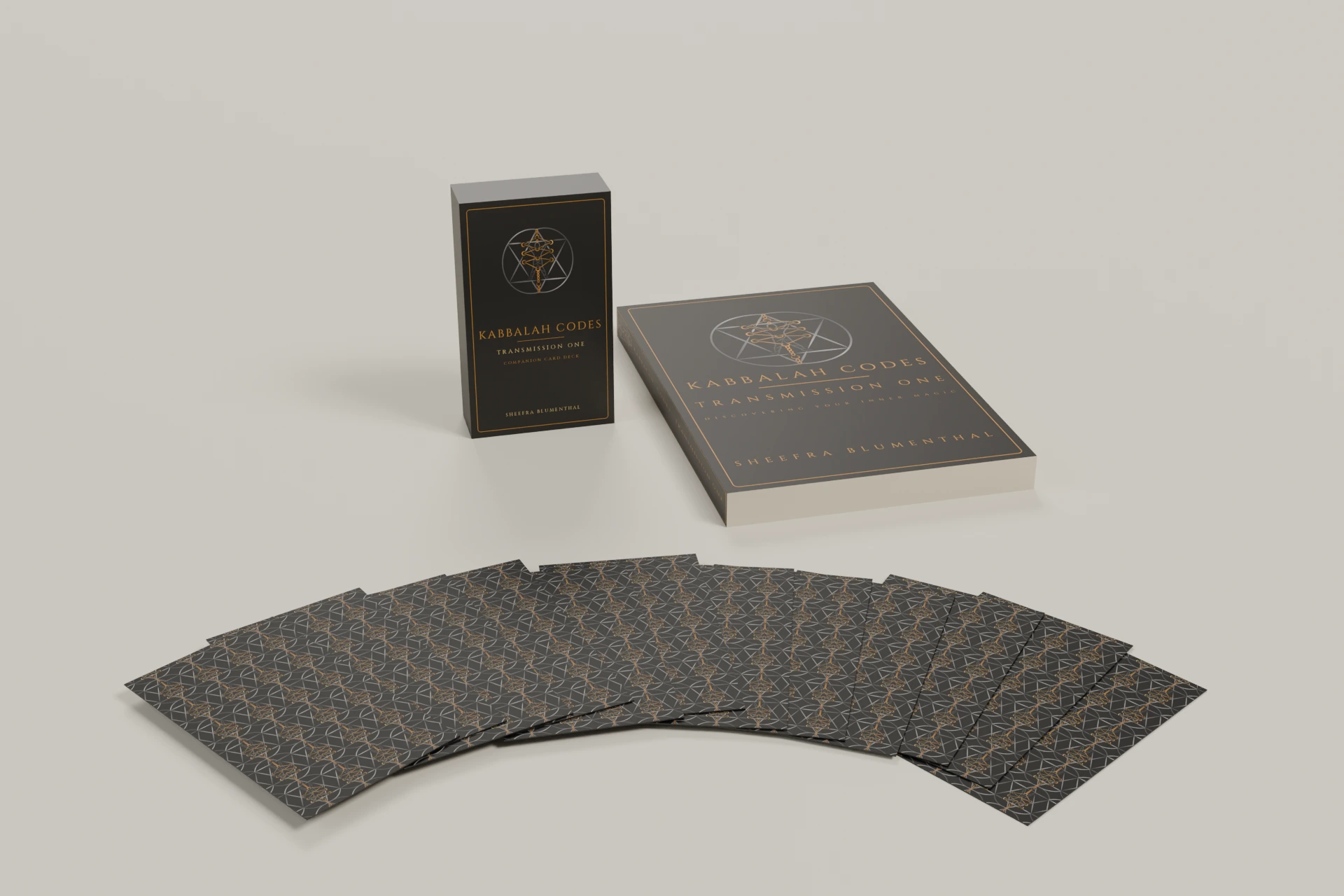 Kabbalah Codes book, 78-card deck box, and a fan of cards arranged in a softly lit studio setting